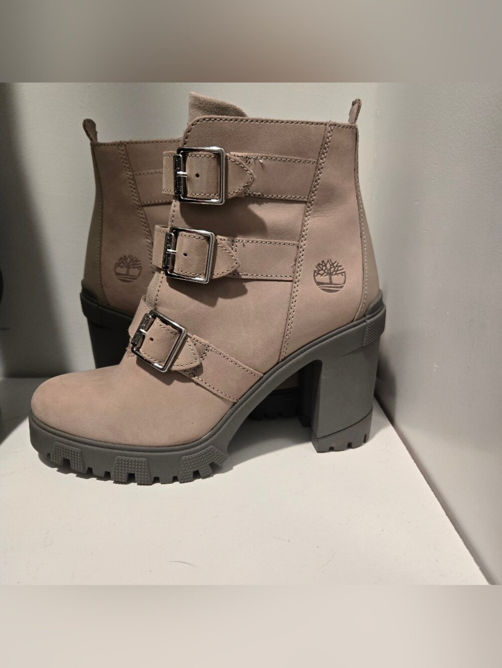 Timberland Women's Taupe Buckle Heeled Ankle Boots